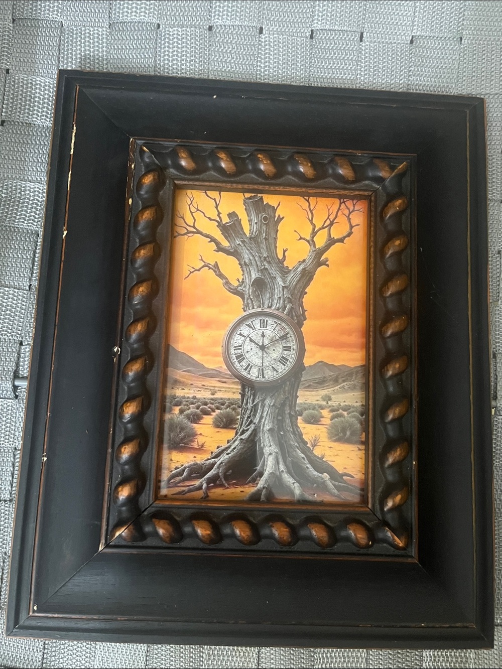 Black Framed Desert Tree Clock Wall Art in Orange Antique Look Modern 718